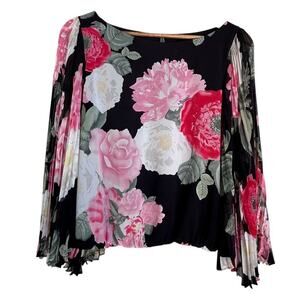 Alice + Olivia Floral Silk Blouse Size M Accordion Pleated Transparent Sleeves